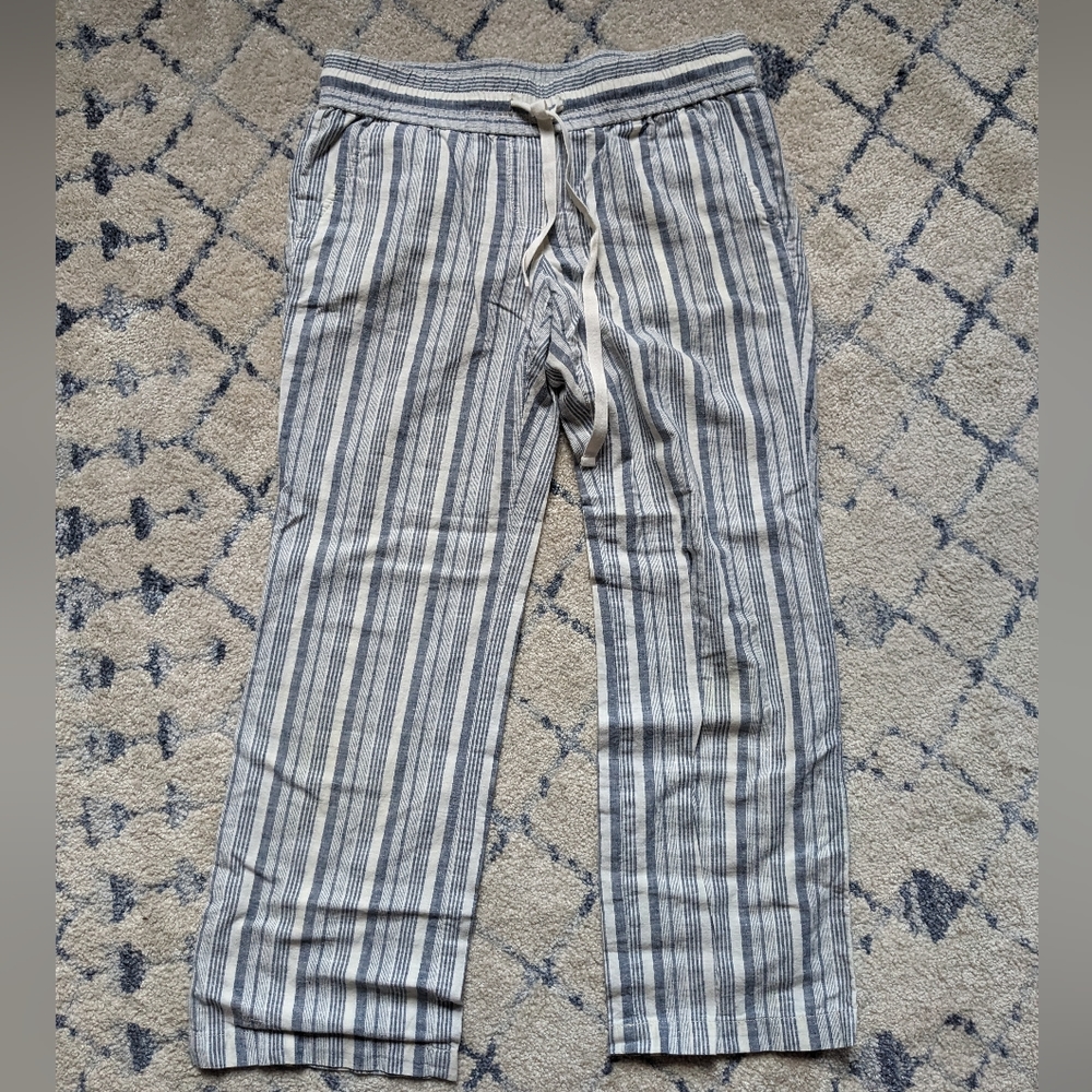 Ann Taylor Petite Striped Linen Cotton Blend Elastic Beach Pants with Pockets